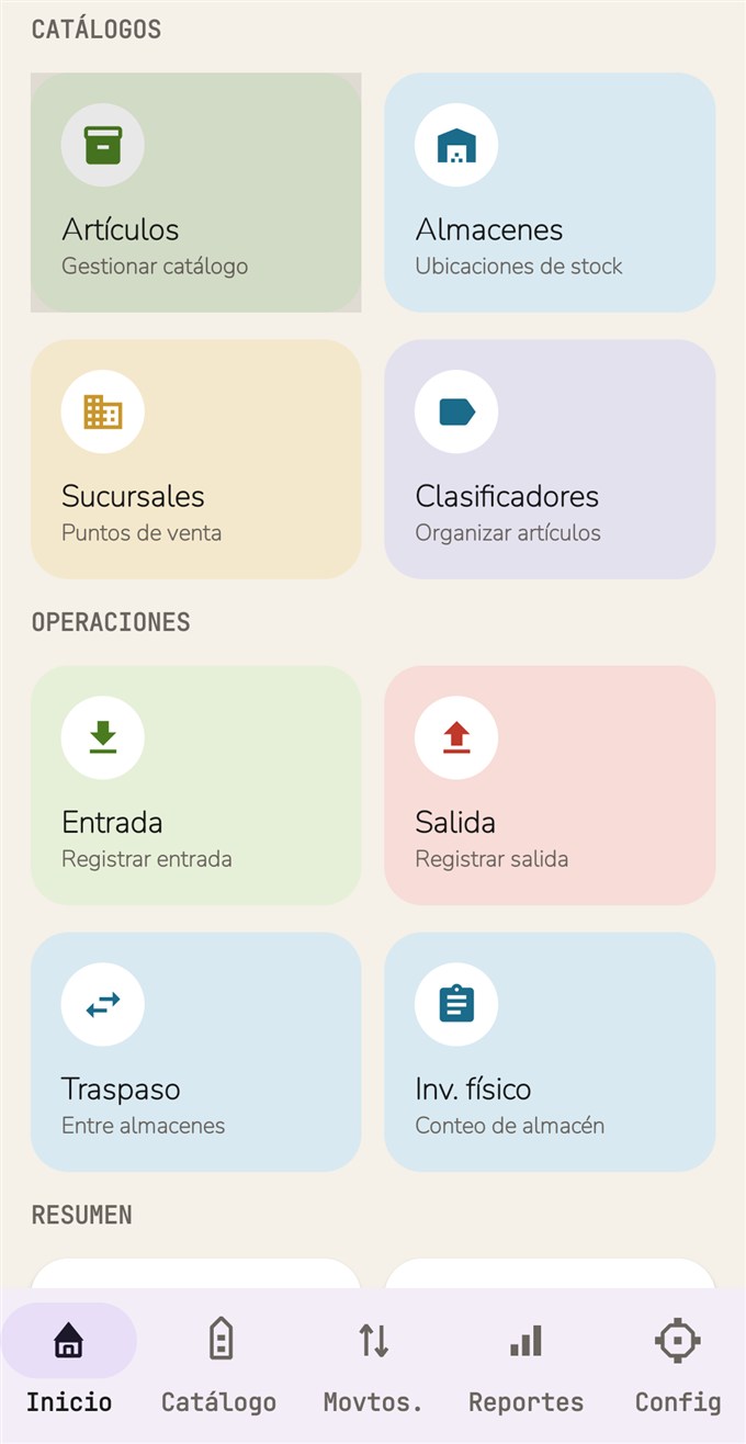Pantalla de inicio con catálogos y operaciones