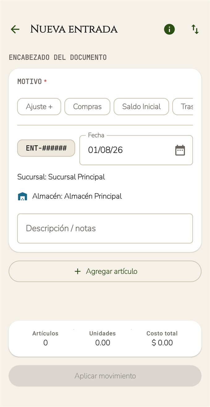Captura de una entrada de inventario