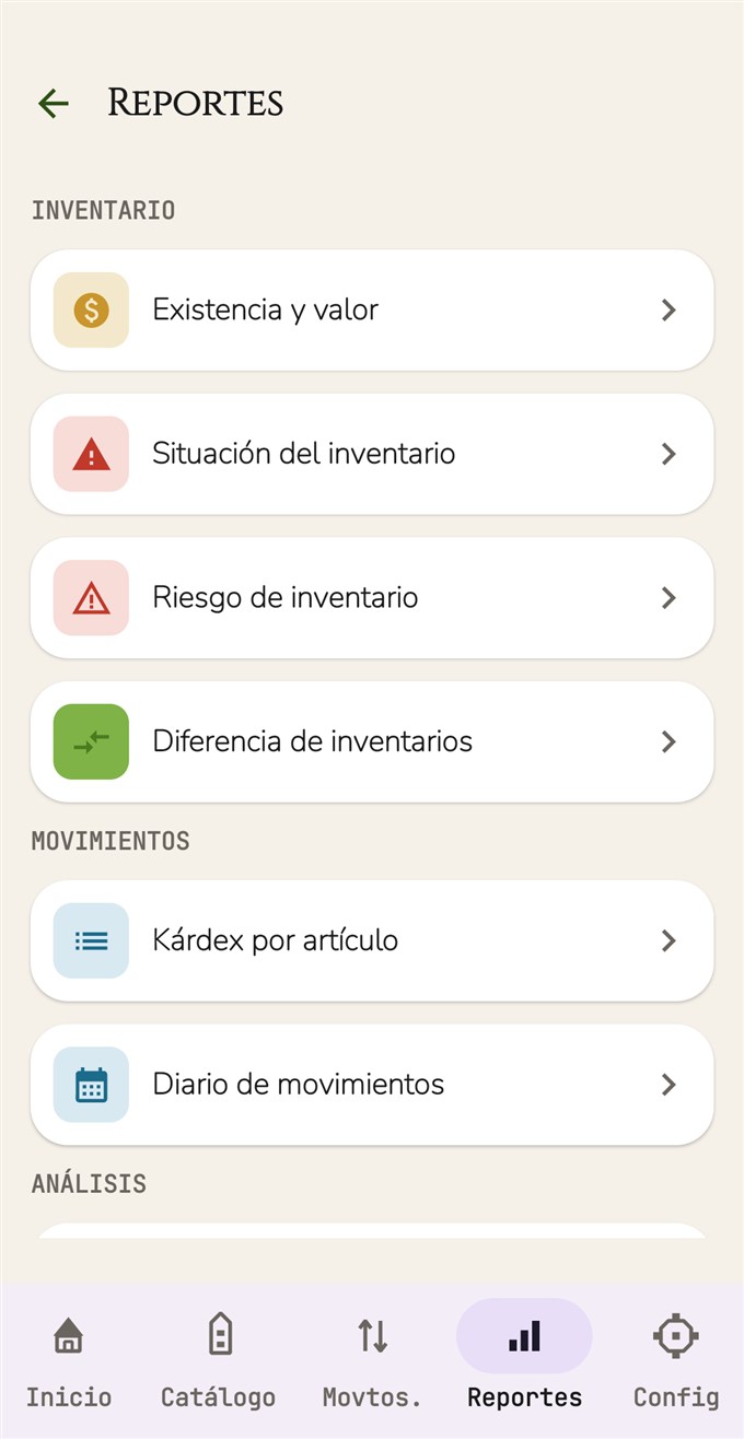 Catálogo de reportes de la aplicación