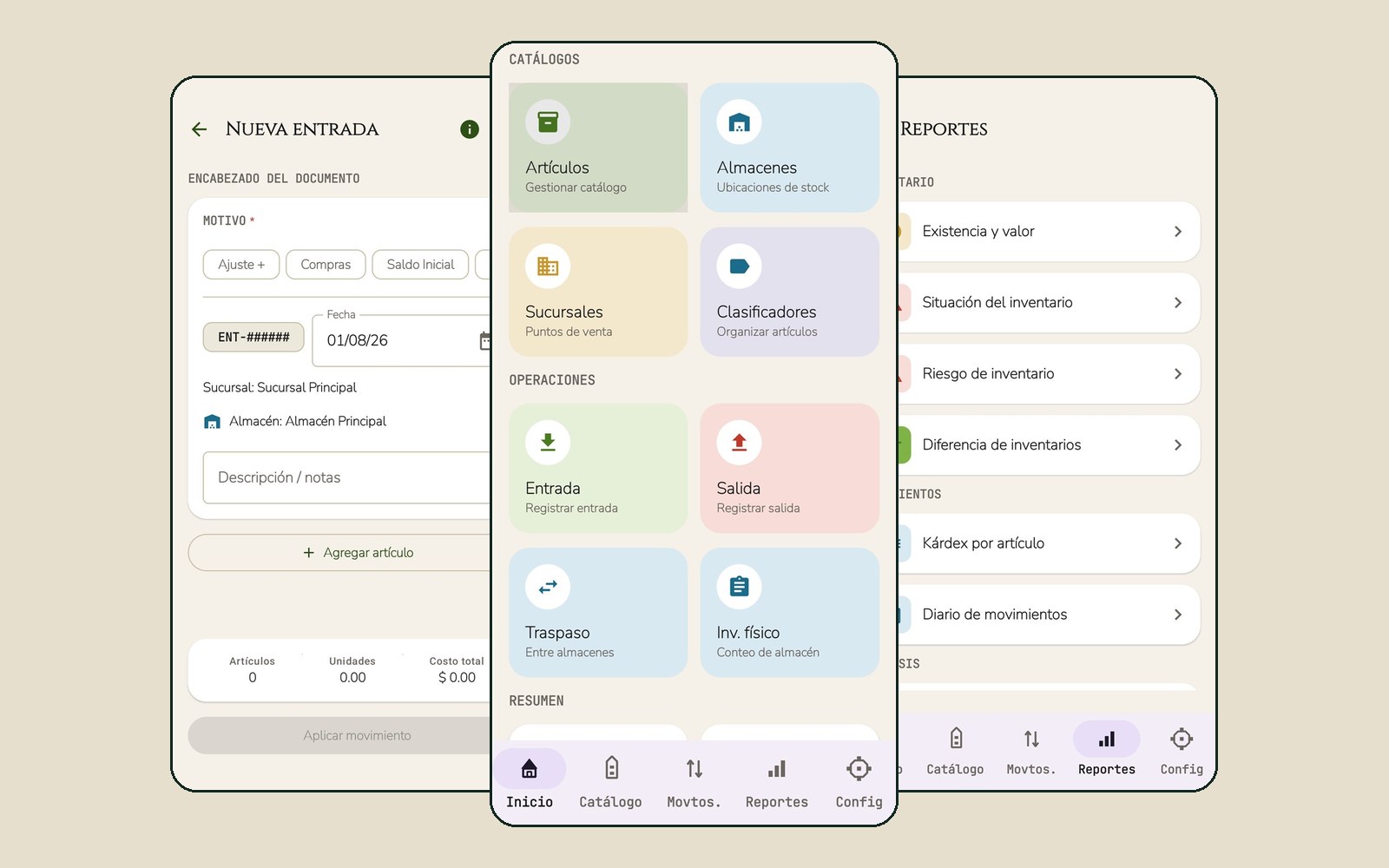 Tres pantallas de la app móvil: captura de entrada, tablero de módulos e índice de reportes